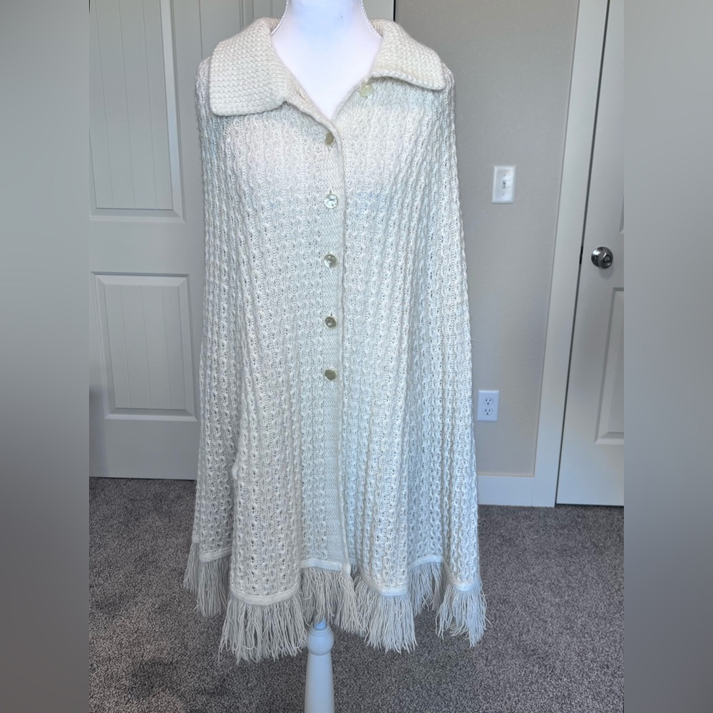 Vintage Button-Up Cape with Fringe One Size Boho Cottagecore Coastal Cowgirl